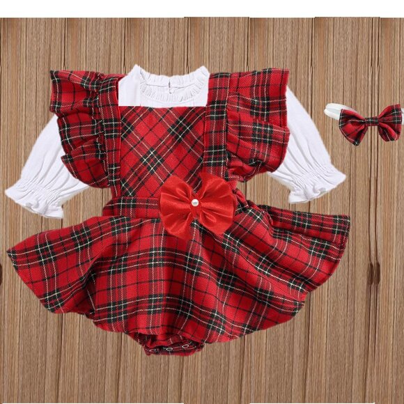 Plaid Tartan Christmas Girl Outfit Clothes Christmas Girl Dress Romper - Picture 3 of 15
